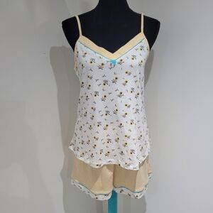 Suwen Women's Cotton Yellow Line Floral Cinzia Top-Short Pyjama Set Medium NEW